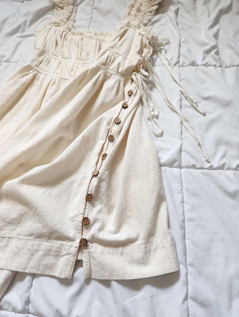 Free People Claudette Mini Dress Womens Small Ivory Pockets Casual Ruched Boho - Picture 7 of 13